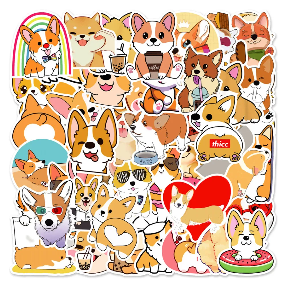 Pegatinas de dibujos animados serie Corgi Pet para equipaje, portátil, IPad, diario, casco, impermeables, venta al por mayor, 10/30/50 piezas