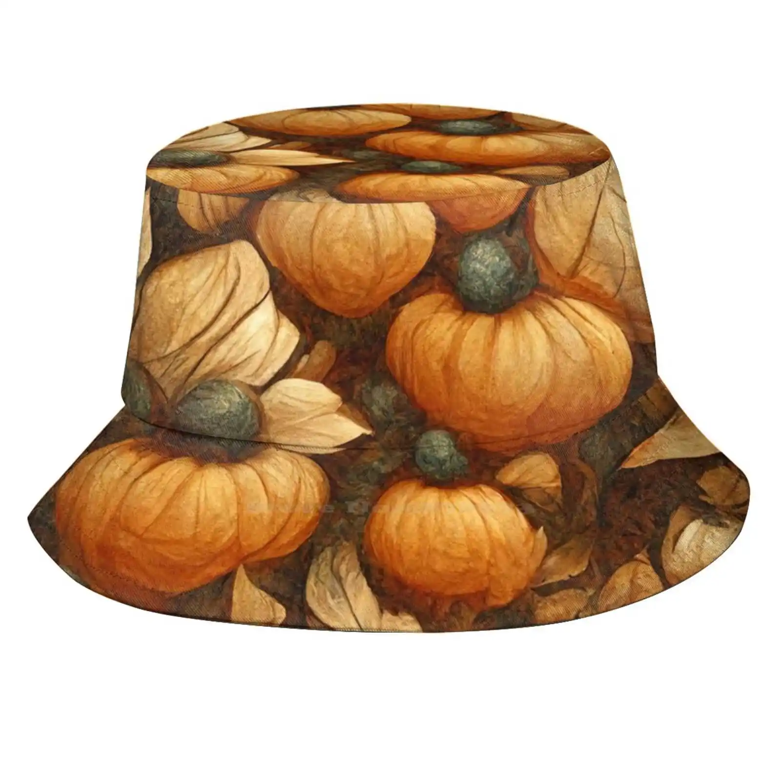 Autumn Pumpkin Pattern Korean Ladies Outdoor Sun Hat Bucket Cap Fall Autumn Halloween Pattern Pumpkin Leaves Leaf Foliage