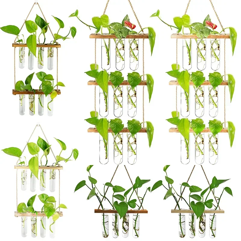 Wall Hanging Glass Planter Plant Propagation Tubes with Wooden Flower Stand Vase Home Garden Office Hydroponic Decor