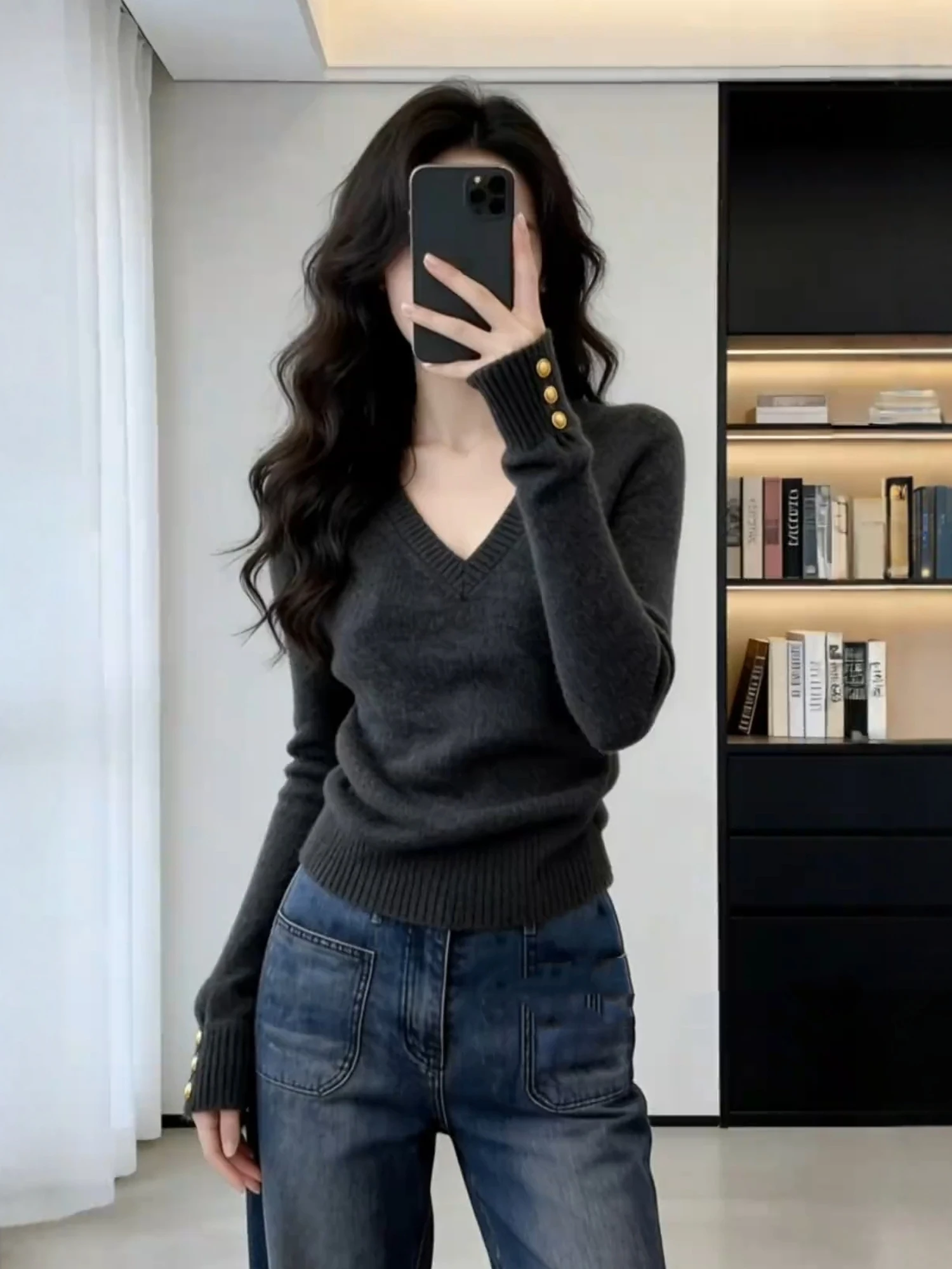 

Корейский вязаный свитер с V-образным вырезом, облегающий, для женщин, осенне-зимний, высококачественный, маленький размер