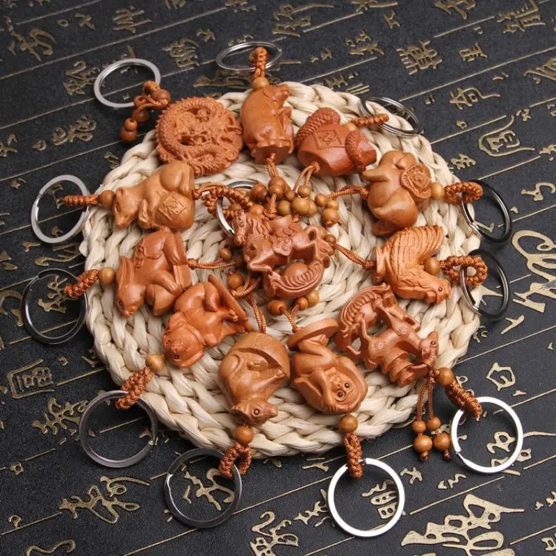 【W】Tierisches, kreatives Fengshui-Maskottchen, ethnisches Glücksbringer-Geschenk, Autoschlüsselanhänger, chinesischer 12-Tier-Schlüsselanhänger, graviertes Holz-Schlüsselring – Detail 2