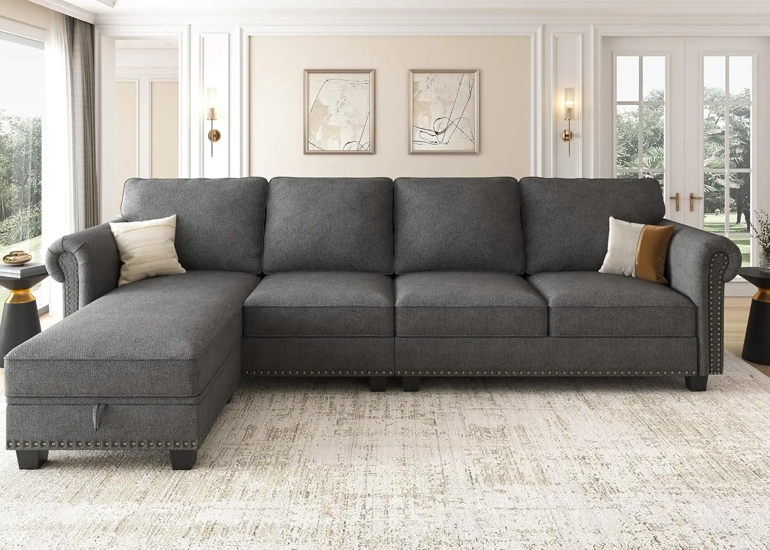 

Convertible Sectional Sofa L Shape Couch with Reversible Chaise 4 Seat Sectional Sofa Couch for Small Space Dark Grey