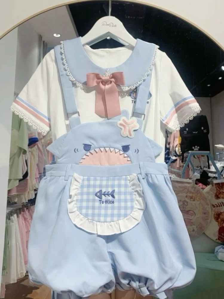 Sweet Lolita Kawaii Blue White Pink 2 Piece Set Lace Ruffle Bow Plaid Pocket Shark Bloomers Overalls For Teen Girls Daily Wear view 4