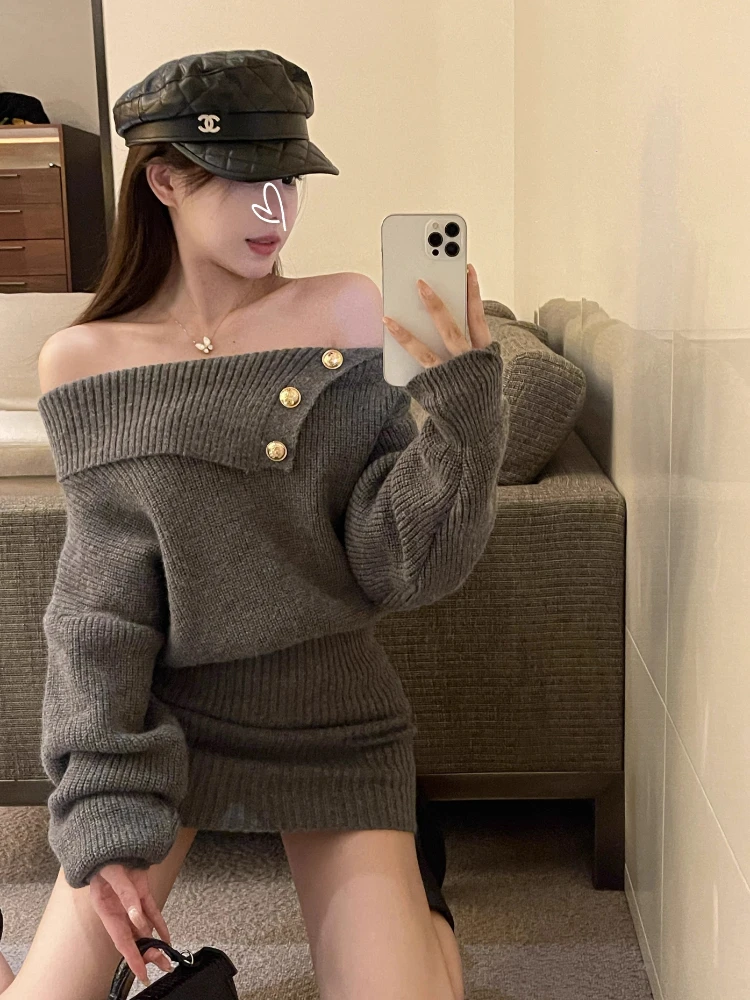 Slash Neck Dresses Women Knitted Slim Sexy American Style Streetwear Cozy Lounge Wear Package Hips Spicy Girls Strapless Club