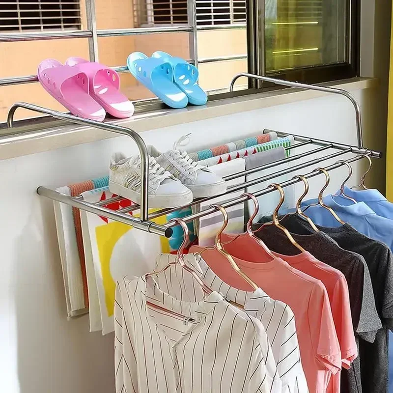 

-Stainless steel folding drying rack balcony indoor window shoe rack balcony telescopic hanging clothes rack walls Balcony