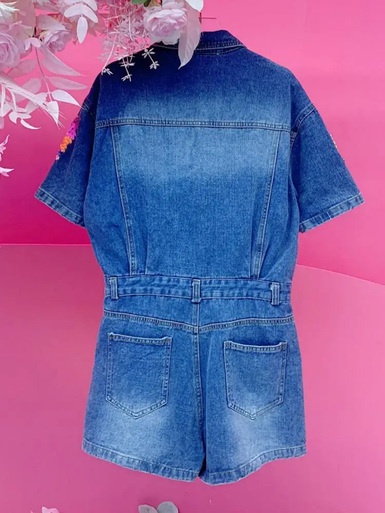 Streetwear Diamonds Ladies Single Breasted Playsuits Fashion Pockets Female Turn-Down Collar Flower Embroidery Jumpsuits Rompers