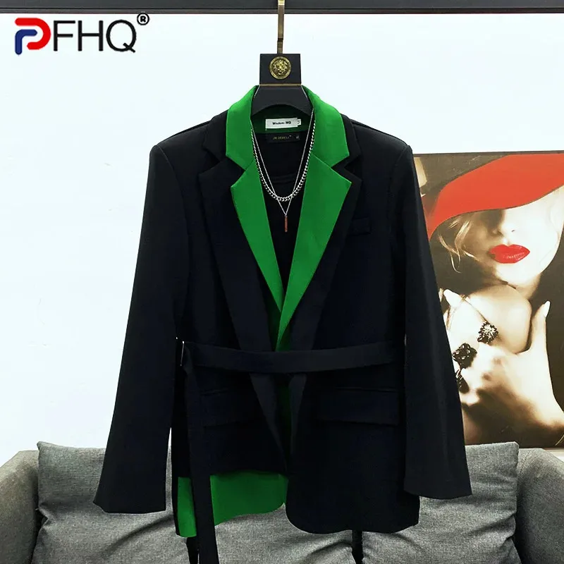 

PFHQ Men's Contrast Color Personality Loose Double Collar Patchwork Blazers Haute Quality Suit Coat Autumn Fashion New 21F3473