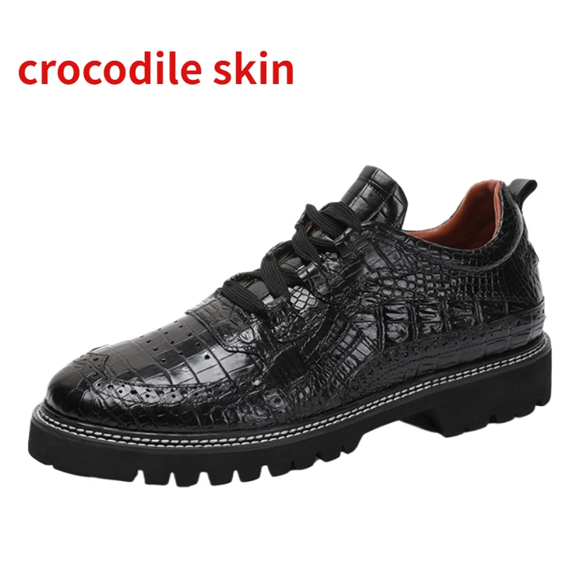 Crocodile Skin Shoes for Men's Genuine Leather Sneakers Black Business Casual Board Shoes British Luxury Height Increasing Shoes