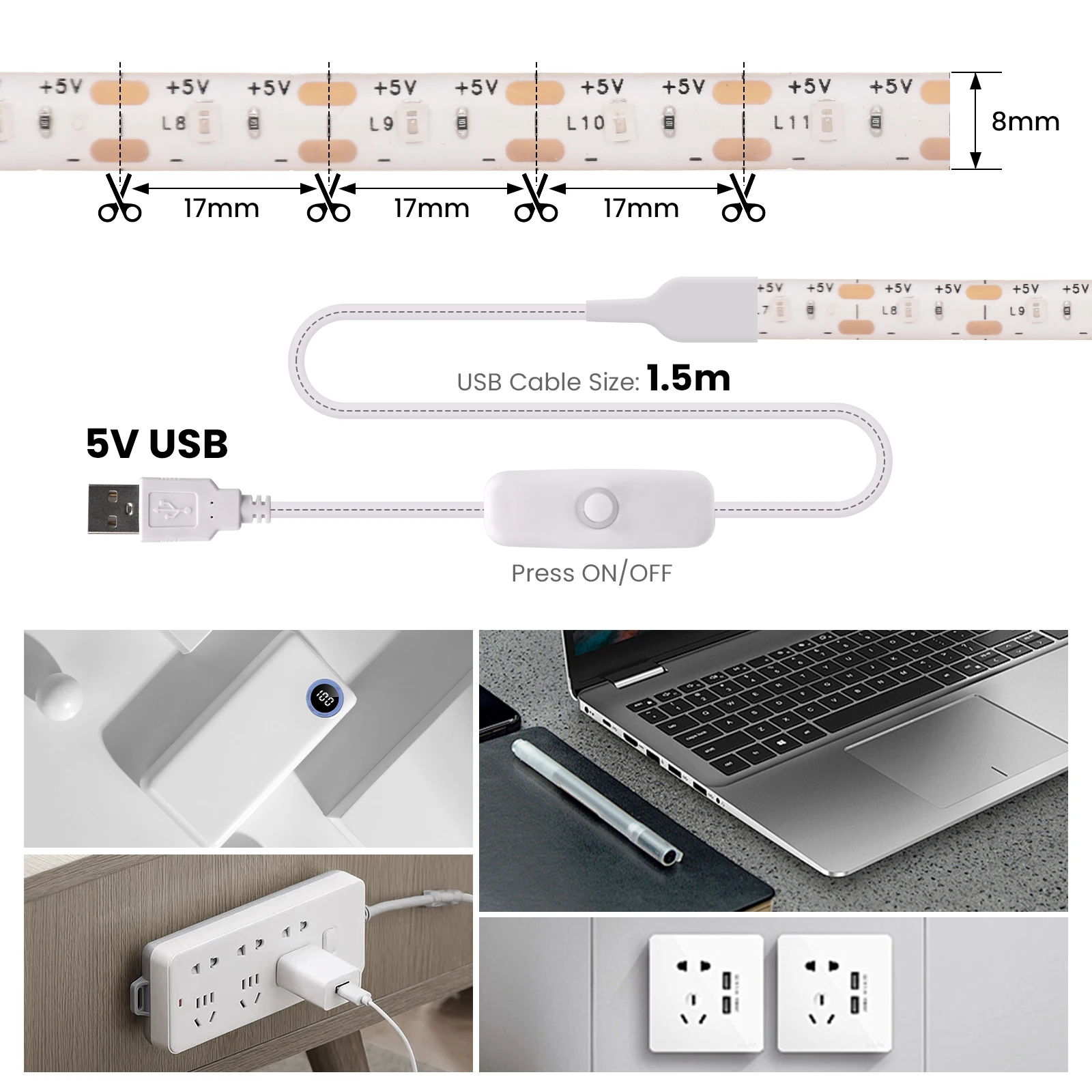 DC 5V usb\'li şerit Led pembe/sarı/beyaz/sıcak beyaz/kırmızı/mavi/yeşil esnek şerit bant arka ışık 50CM 1M 2M 4M 5M