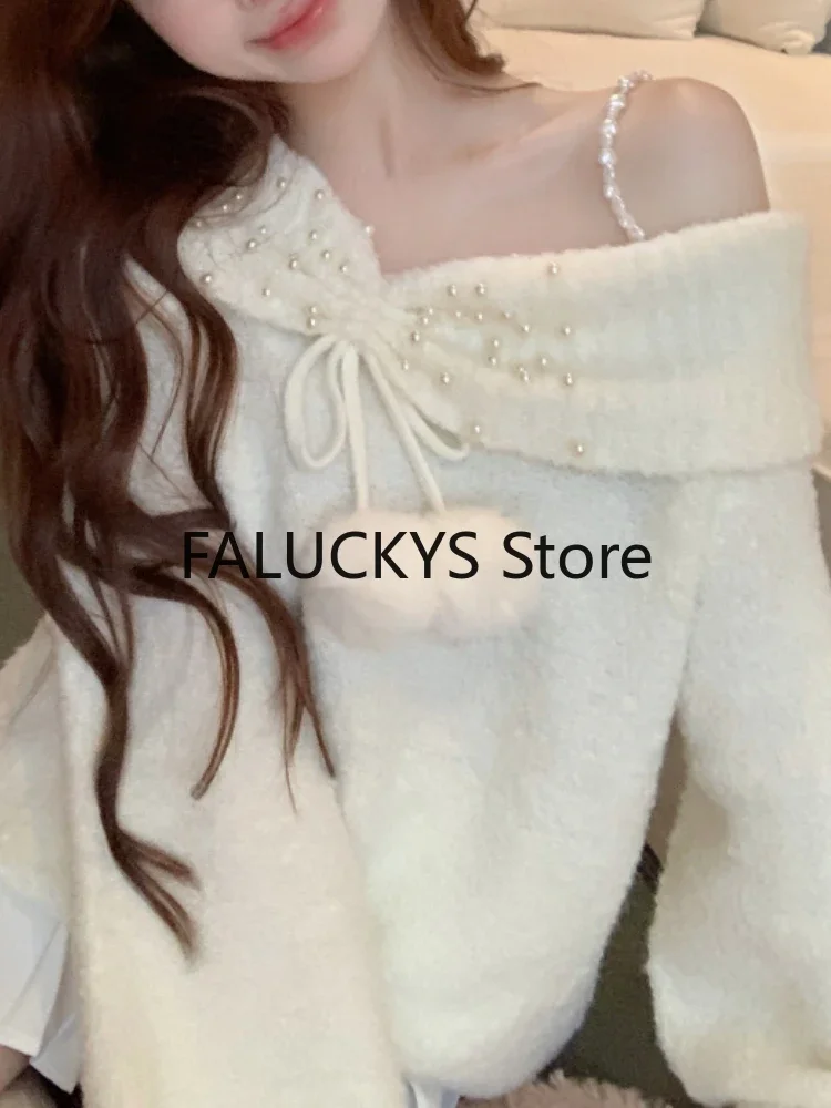 Autumn Winter Korean Women Knitted Sweaters Off Shoulder Pearl Long Sleeves Sweet Pullovers Female Fashion Lazy Style Knitwear