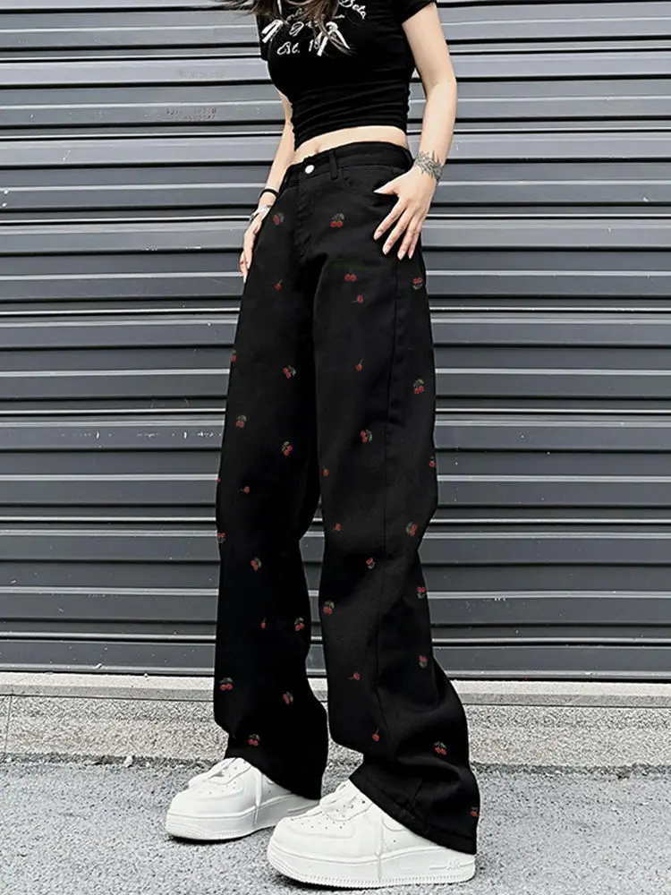 Trend Cherry Black Wide Leg Jeans Women High Waisted 2000s Aesthetic Fashion Streetwear Trousers Y 2k Girls Baggy Denim Pants