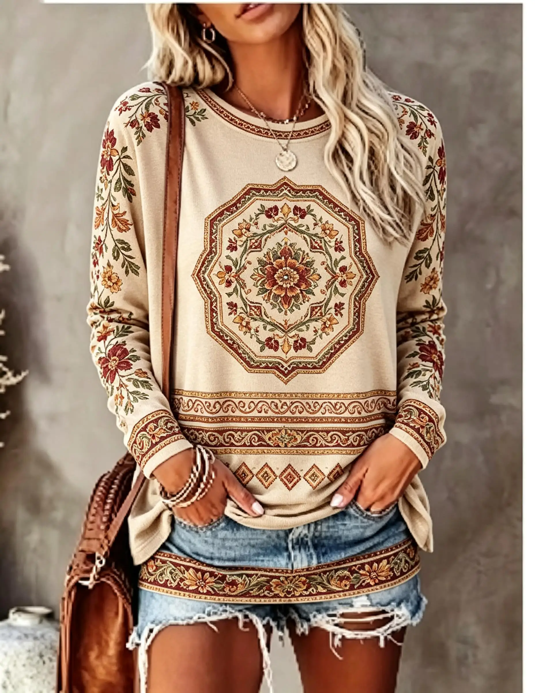 Women Crew Neck Long Sleeve T‑Shirt, Boho Mandala Ethnic Floral Print Casual Loose Pullover Tops view 5