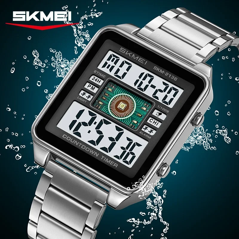 SKMEI 2136 Stainless Steel Countdown Stopwatch Wristwatch Fashion Electronic Movement Clock lighting Stylish Mens Digital Watch