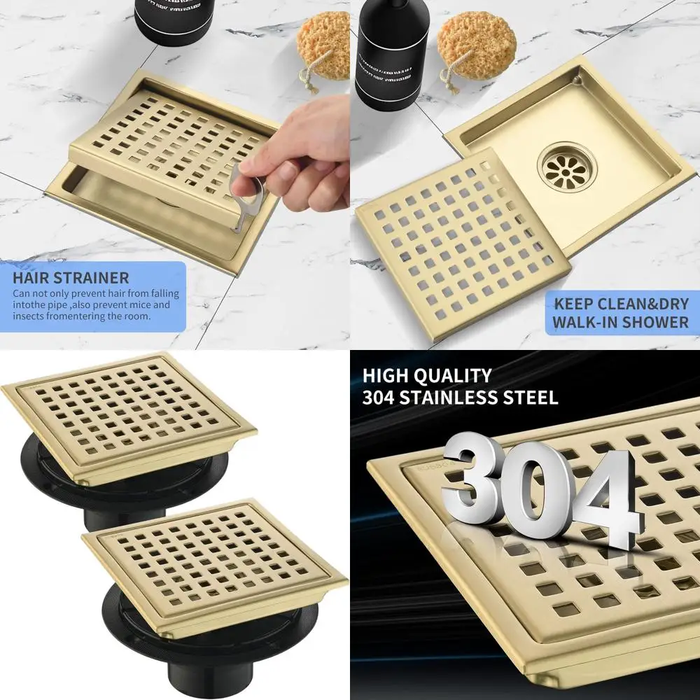 

Pair of 6 Brushed Gold Square Shower Drains, 304 Stainless Steel with Flange and Hair Filter for Bathroom, Kitchen, Balcony