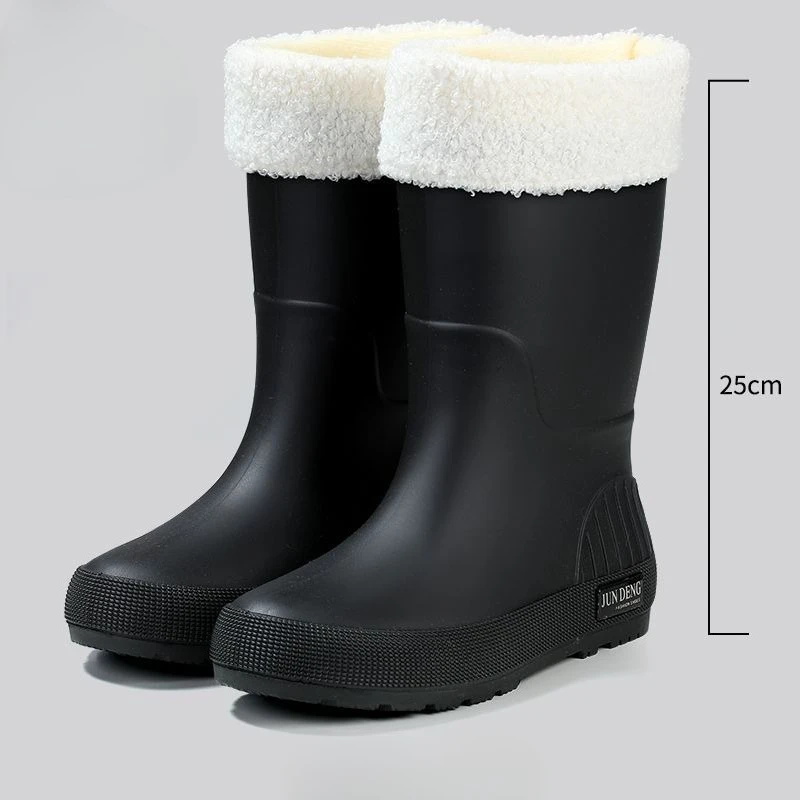 Women's Year Round Durable Rubber Rain Boots Mid Calf Fleece Lined Waterproof Anti Slip Oil Resistant Cleaning Water Shoes