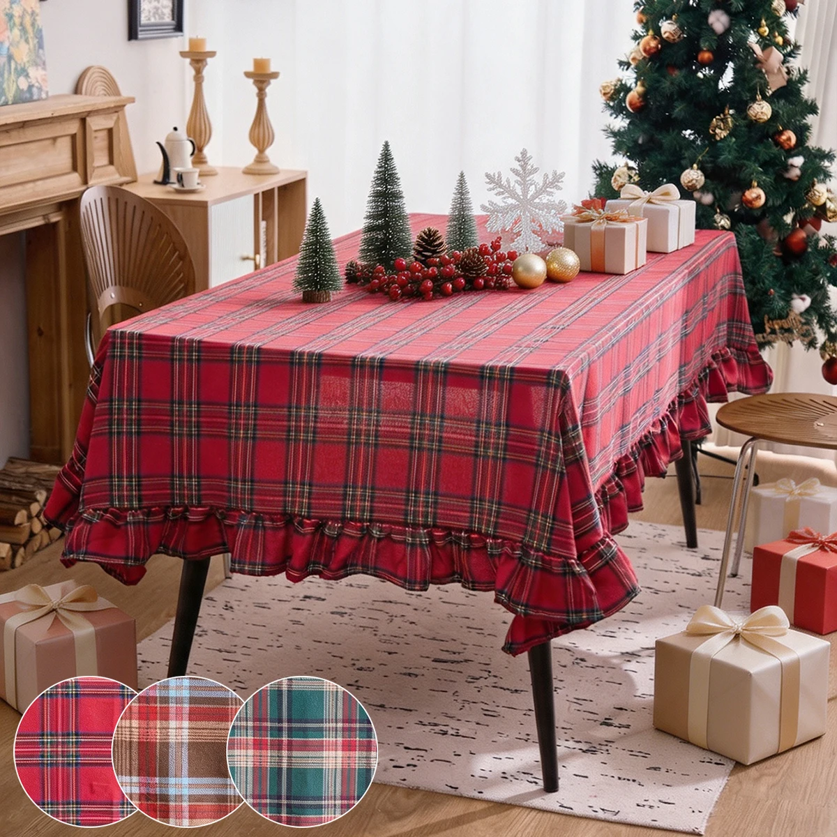 1Pc Ruffled Vintage Christmas Multi-color Tablecloth, Festive Banquet Restaurant Birthday Party Daily Home Decoration