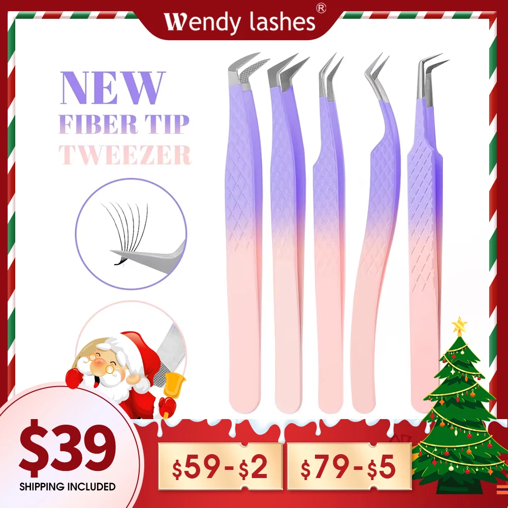 Stainless Steel Eyelash Extension Tweezers with Fiber Tips, High Precision Tweezer for Volume Fans, Makeup Tools, Golden, 1 Pc