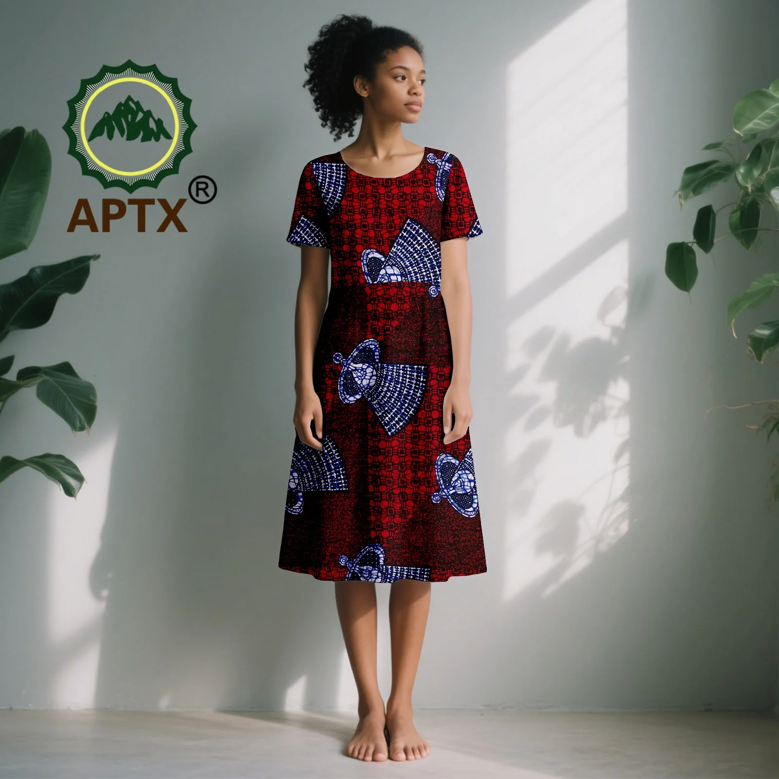 アフリカンドレス女性用アンカラプリントOネック半袖膝丈ドレスダシキエレガントファッションカジュアルパーティードレス