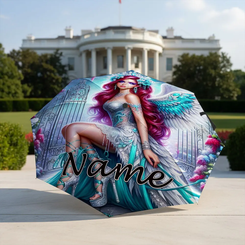 Custom Name Umbrella Fantasy Winged Fairy Woman Flower Print Folding Umbrella,Portable Travel Parasol For Magic Fantasy Art Fan