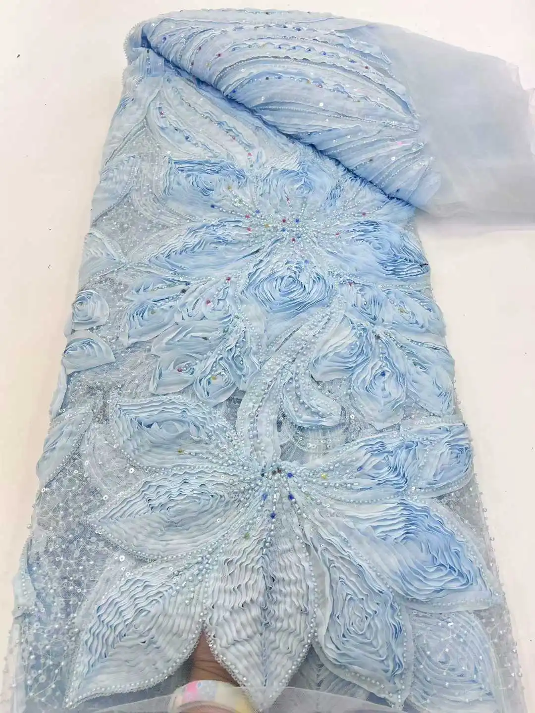 New African 3D Lace Fabric 5 Yards 2026 High Quality With Beads Embroidered Lace French Nigerian Sequins Lace Fabric For Wedding