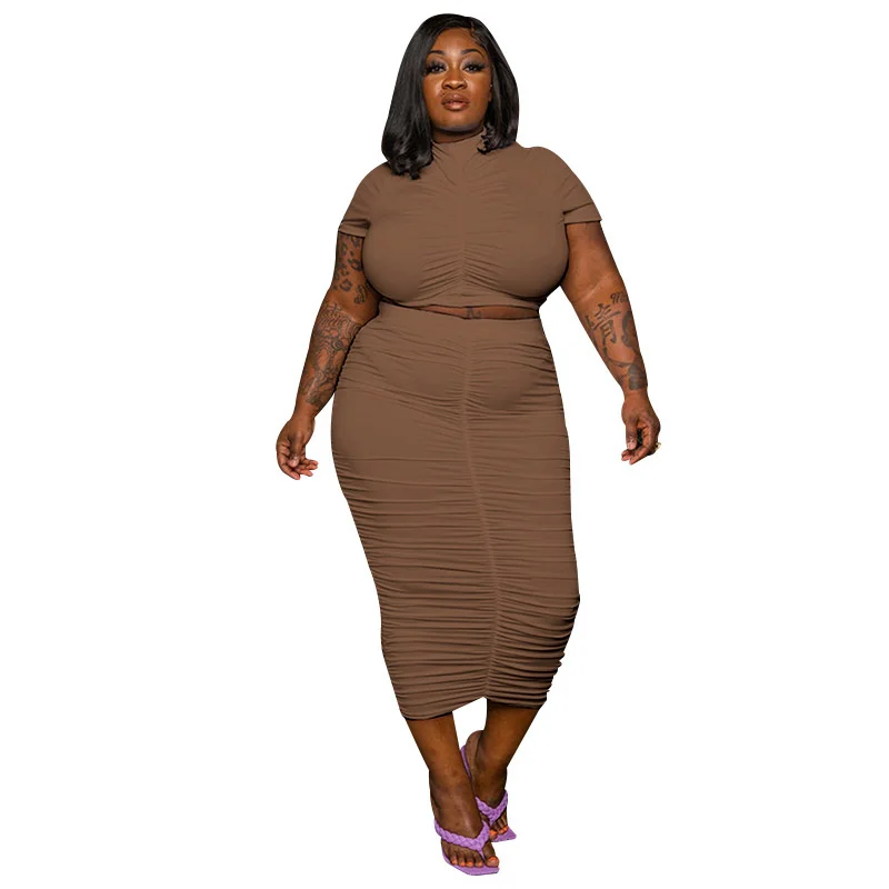 Womens Plus Size Clothing Summer Large Solid Round Neck Pullover Short Sleeve Two Piece Set Fashion Casual Wrinkled Skirt Set