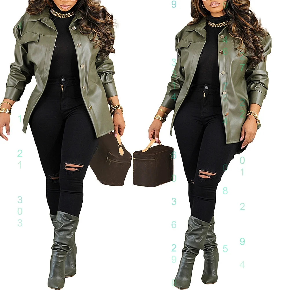 Damen PU-Leder Blazer Langarm Revers Druckknopf-Jacke Oberbekleidung