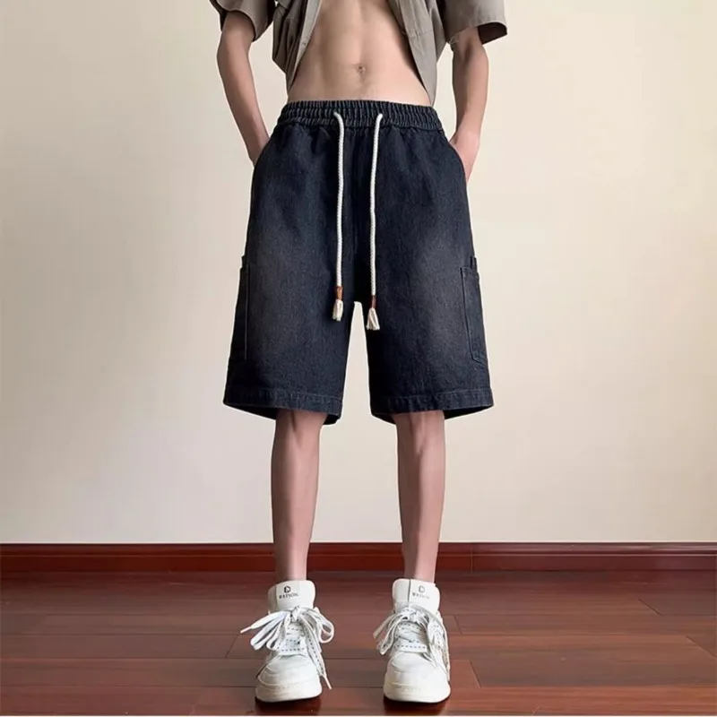 

Men Trendy Denim Shorts Summer Loose Wide Leg Multi Pocket Casual Workwear Knee Length Handsome Street Style Thin Airy Material