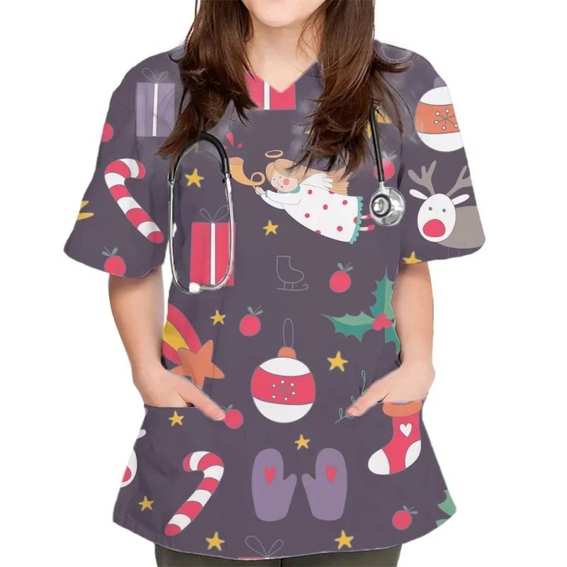 Women's Christmas Print Clinical Uniform, Nurse Clothing V-Neck Short Sleeve Pockets Nurses Uniform