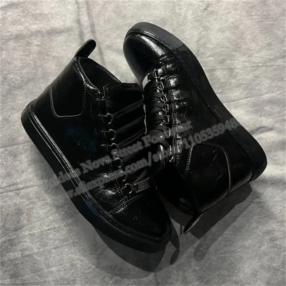 

Men Black Leather Breathable Fashion Sneakers Round Toe Lace Up Crystal Decor Outdoor Casual High Top Sport Shoes For Men