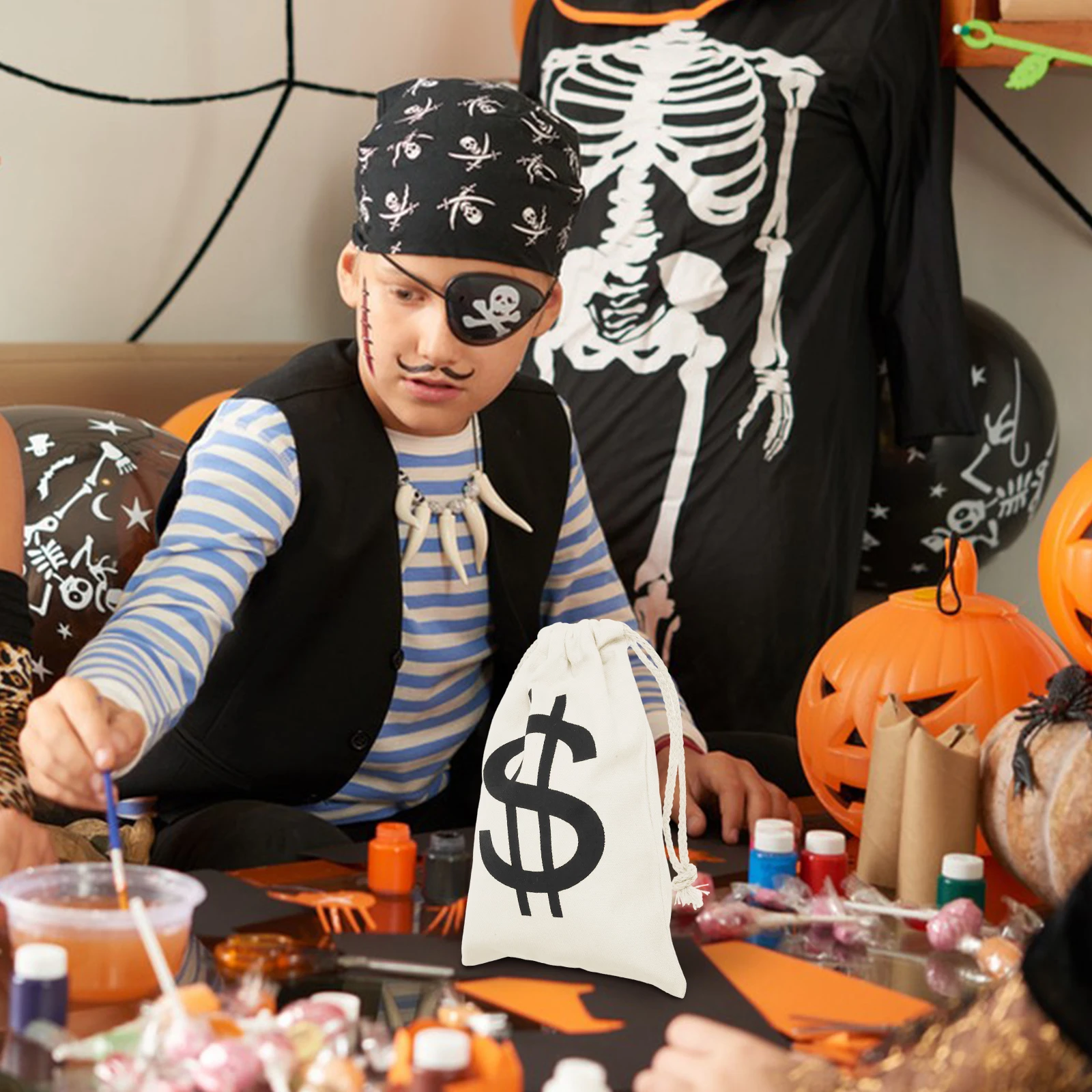 

1pcs Pirate Treasure Pouch Halloween Candy Bags Drawstring Coins Bag Sturdy Canvas Reusable Portable Storage Jewelry Bag Dollar