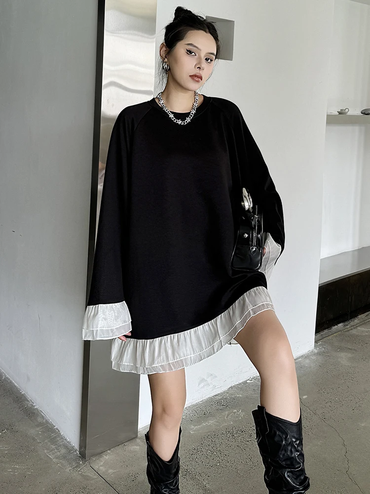 [EAM] Women Black Mesh Spliced Color-block Big Size Dress New Round Neck Long Sleeve Fashion Tide Spring Autumn 2024 1DH7273