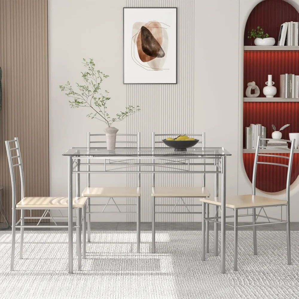 VECELO 5 Piece Dining Table Set for 4 with Chairs, Glass Tabletop, Small Space, Silver