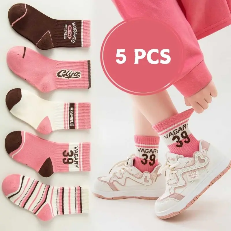 

5Pairs Pink Girls Sport Socks Autumn Winter Children Mid Tube Sock 1-6year Baby Cotton Socks Kids Footwear Clothes Accessories