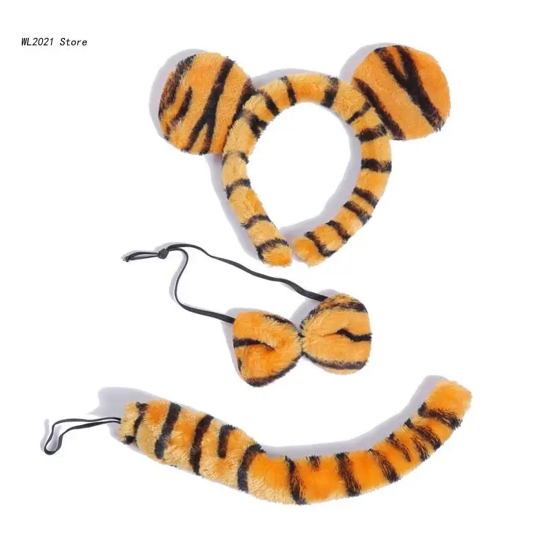 3pcs Cartoon Plush Tiger Ears Shape Hairband Bowtie and Tail Suit Cosplay Accessories for Adult Kid Party Costume