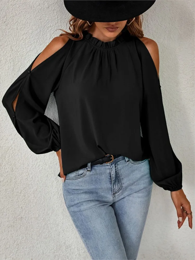 Sexy Off Shoulder Women\'s Blouse 2023 Spring Autumn Long Sleeve Casual Loose Shirt Black Green Tops Office Ladies Blouses