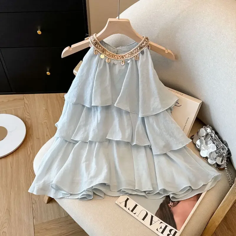 صيف جديد أنيق الرسن قمصان النساء الكورية موضة الديكور الكشكشة المرقعة الوردي البلوزات السيدات بلا أكمام بلايز عادية #3