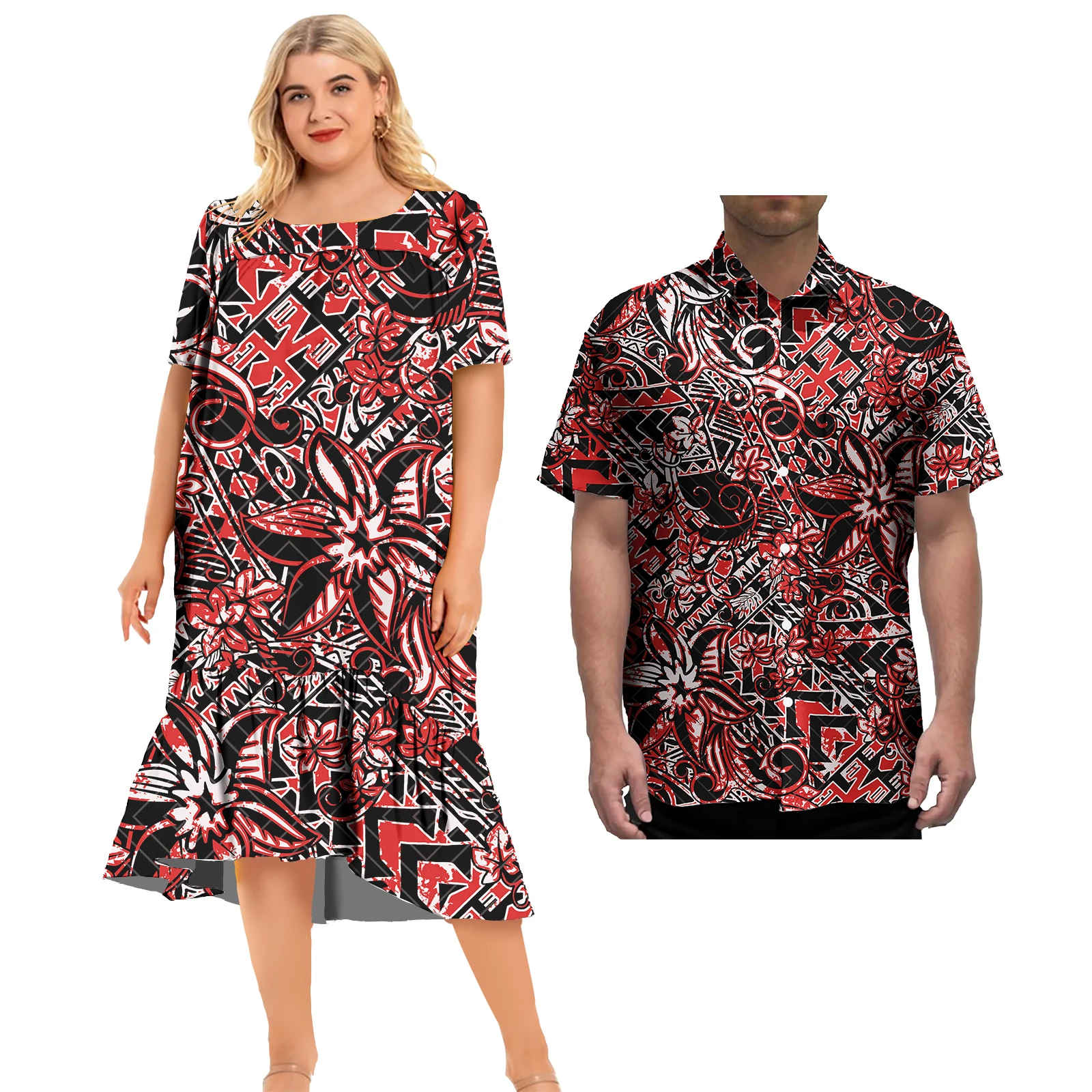 Tenues assorties pour la famille avec imprimé tribal, robe Samoan Mumu, chemises pour hommes grande taille, vêtements de couple