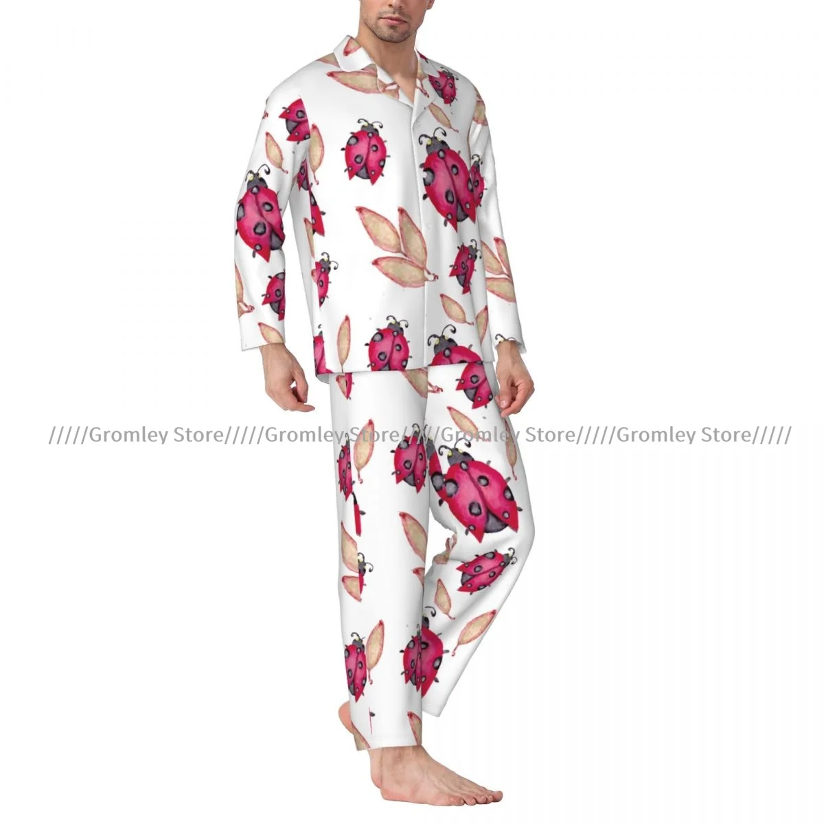 Men Pajama Sets Watercolor Ladybug With Leaves Sleepwear For Man Shirt Long Sleeve Male Soft Home Loungewear