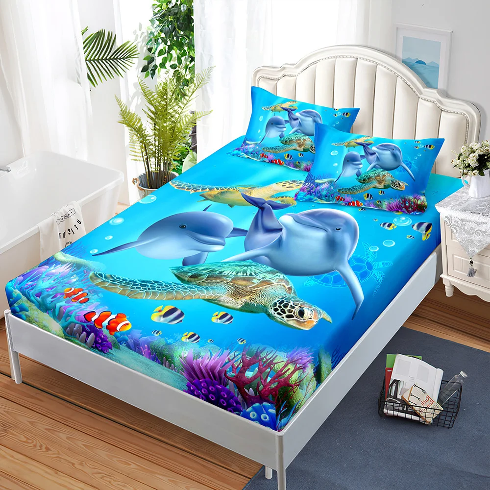 Dolphin Turtle Fitted Sheet Bed Mattress Protector Blue Sea Bedding Elastic Bed Sheets Kids Bed Cover Twin Full Queen King Size