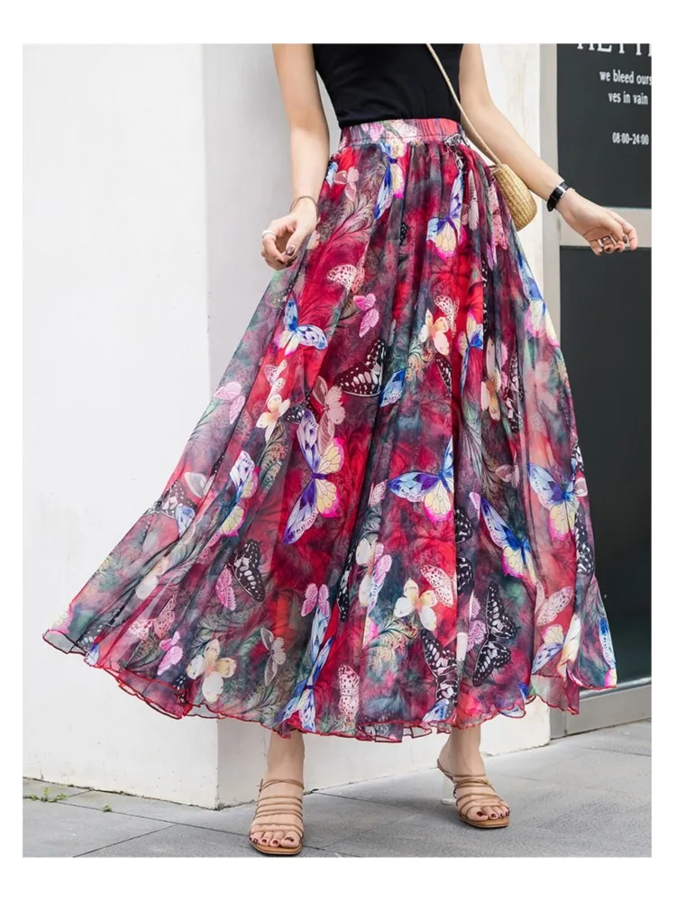 جديد التنانير الأنيقة للنساء الربيع الصيف الشيفون نصف الجسم تنورة سحق زهرة عطلة نمط المرأة الشاطئ مطوي تنورة #6