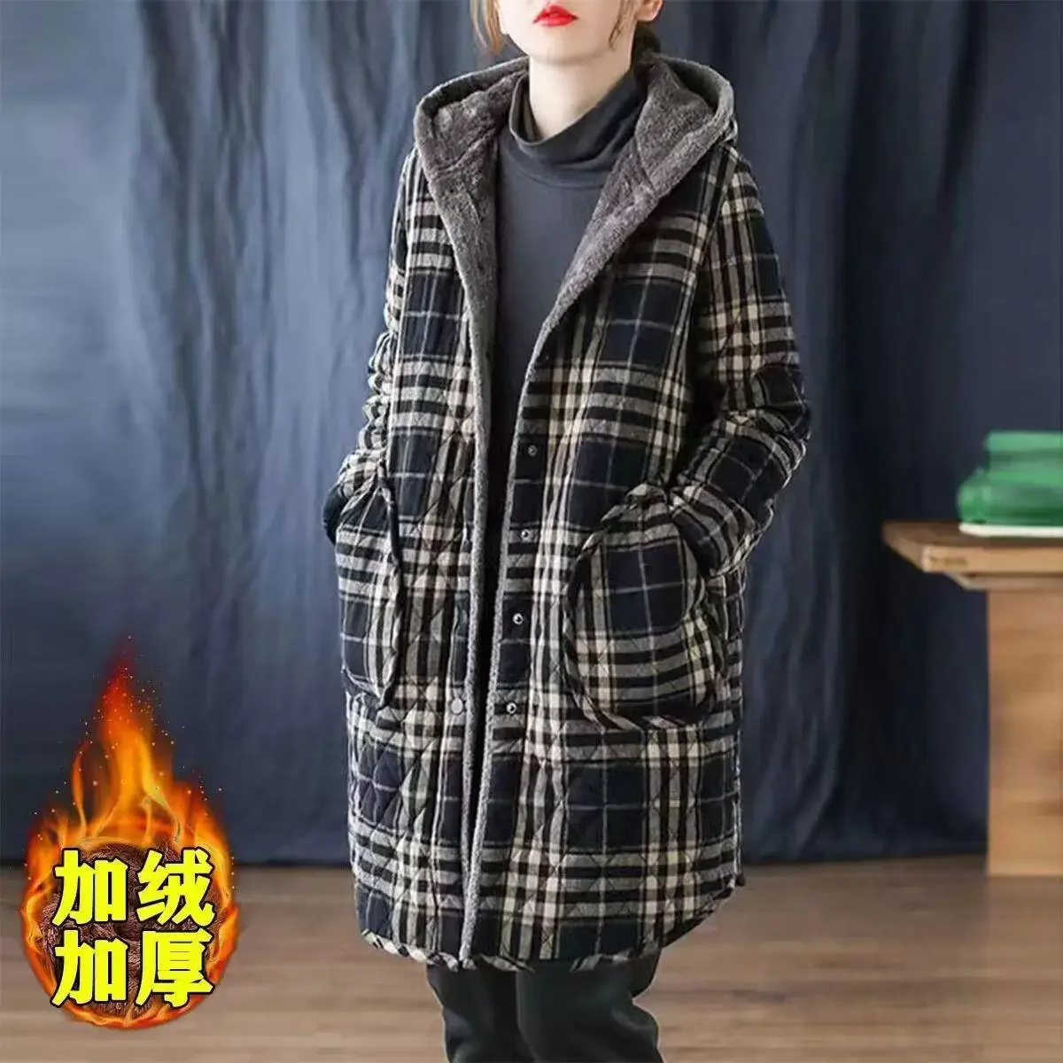2024 Winter New Retro Checkered Medium Long Hooded Cotton Jacket Loose and Simple Women's Thick and Warm Cotton Coat with Velvet
