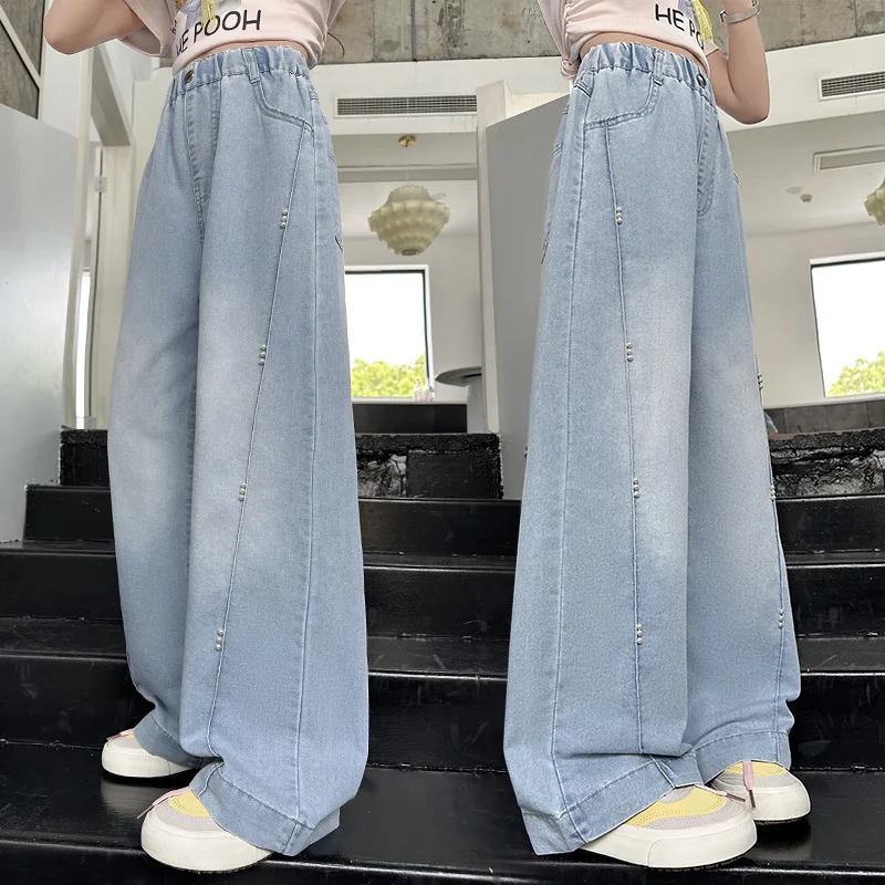 

Elegant Children Summer Fashion Side Pearl Denim Jeans for Tween Girls Cool Street Pants Kids Teenager Light Blue Jeans Trousers