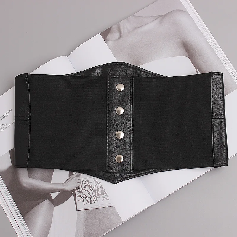 Minimalist ultra-wide PU leather stitching elastic band waist to show slim shape women's waist seal