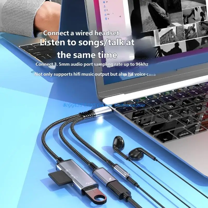 5 in 1 Type C Adapter for Phone Supporting Memory Card Reader Braided Cable