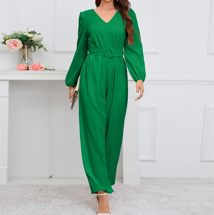 

Elegant Women's Jumpsuit 2023 Summer New Fashion Sexy V-Neck Long-Sleeved Solid Party Evening Wide-Leg Jumpsuits with Belt