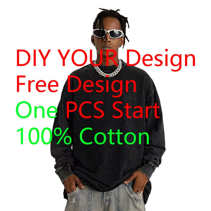 Personalized custom casual long T-shirt with your own design (such as photos or logos) Long-sleeved washed retro men's shirt
