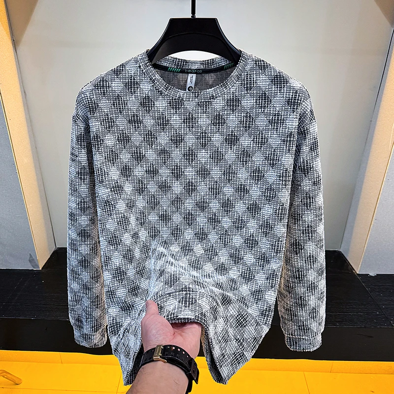 

2026 Spring Autumn Sweatshirt Men's Round Neck Checkered Casual Business Hoodie Comfortable Long Sleeve Pullover Streetwear