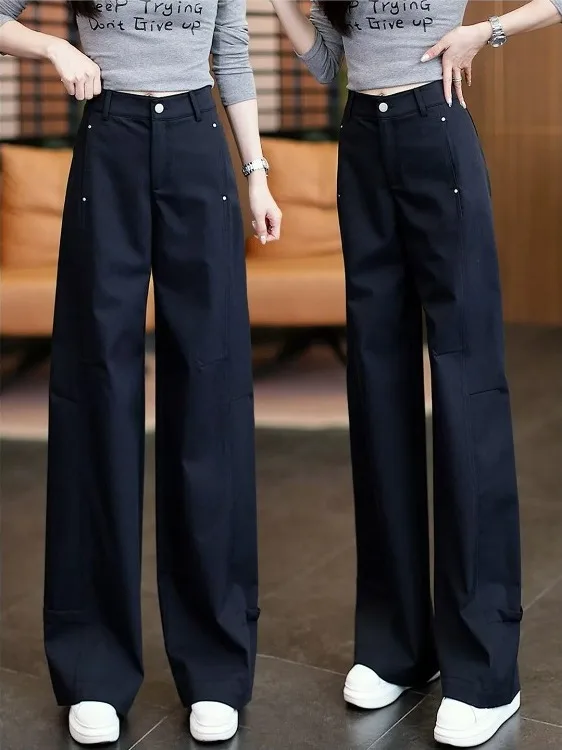 Pantalones casuales de pierna recta y cintura alta para mujer, nuevos pantalones ultra populares de primavera y verano, traje adelgazante, estilo informal, mezcla de algodón