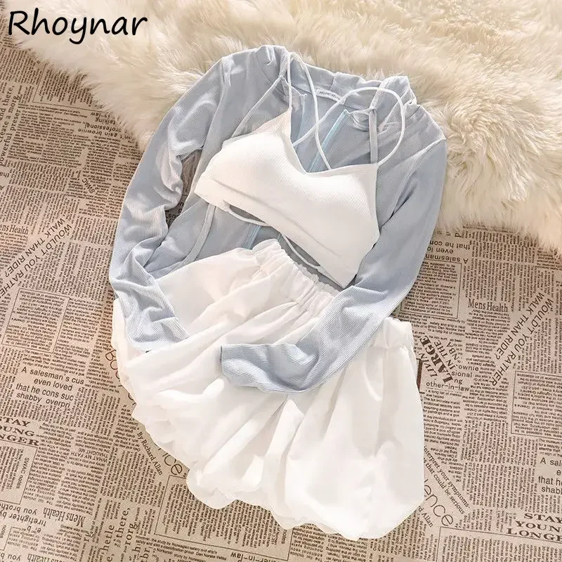 

Женские спортивные тонкие солнцезащитные куртки с капюшоном, майки с открытой спиной, однотонные шорты, летние повседневные складные уличные модные комплекты