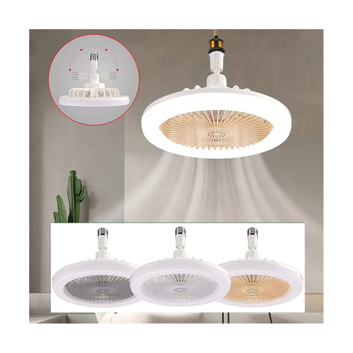 E27 Ceiling Fan with Lights,Enclosed Low Fan Light,Hidden Electric Fan Gimbal Lamp Holder(Cream Color)